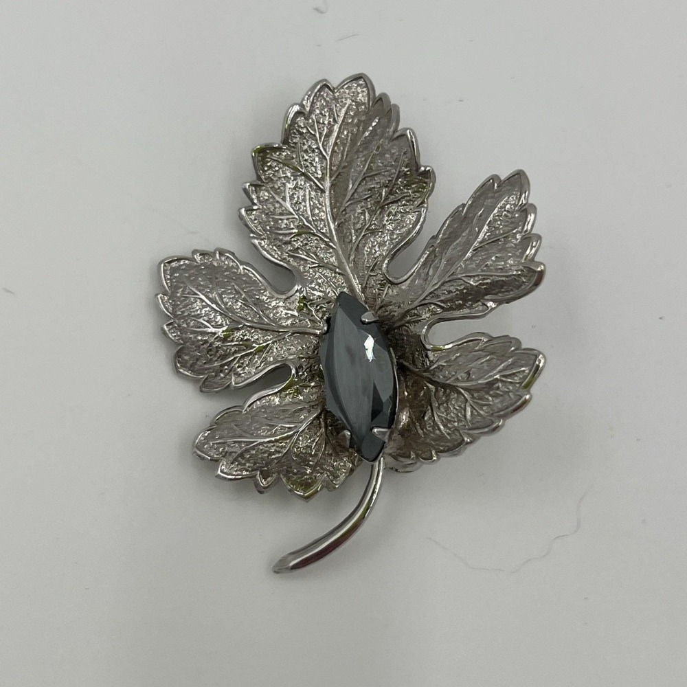 Vintage Silver Tone Leaf Brooch Marquise Hematite Rhinestone Botanical Pin